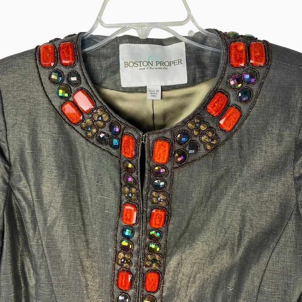 Boston Proper Linen Jacket 3/4‎ Sleeve Blazer Metallic Gold Brown Beaded Sz 10